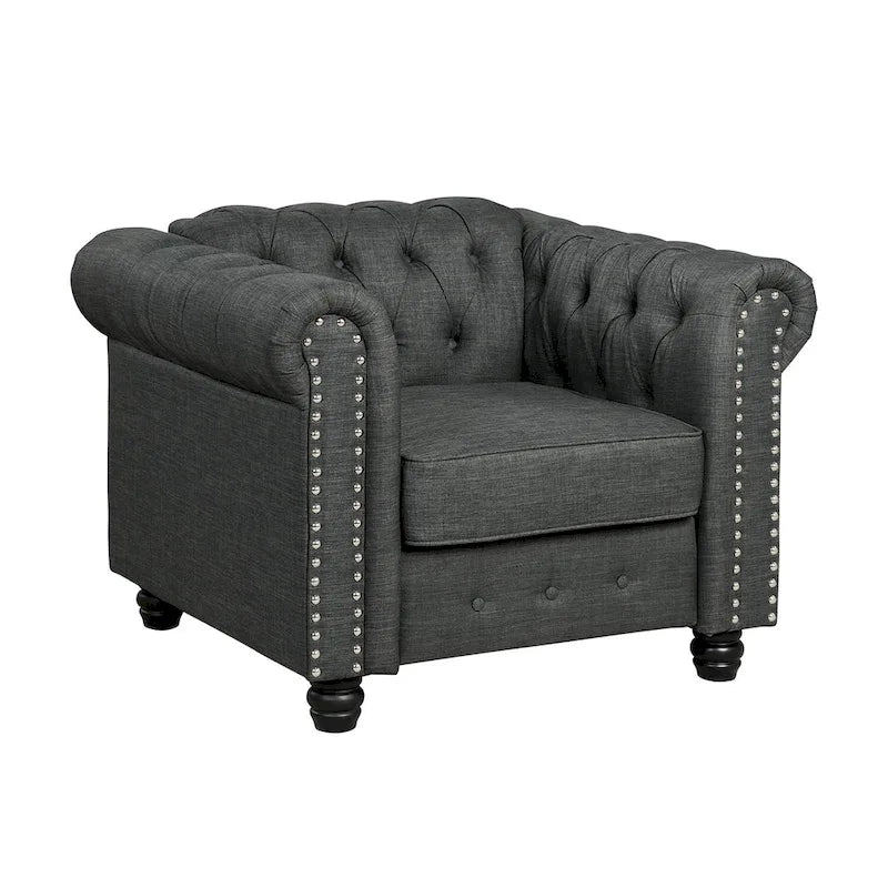 Fauteuil Chesterfield capitonné avec rivets décoratifs et pieds en bois massif