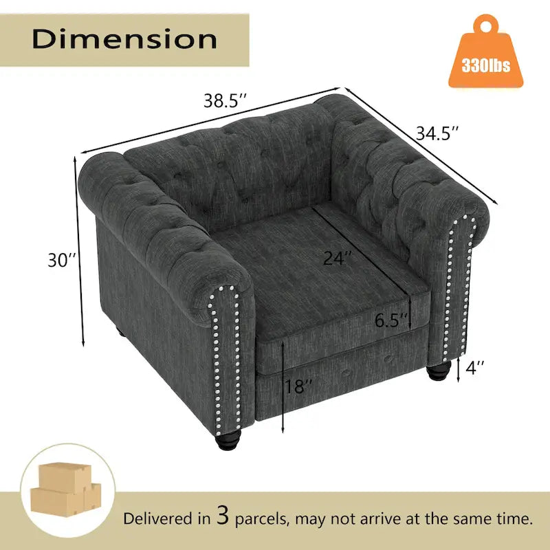 Fauteuil Chesterfield capitonné avec rivets décoratifs et pieds en bois massif
