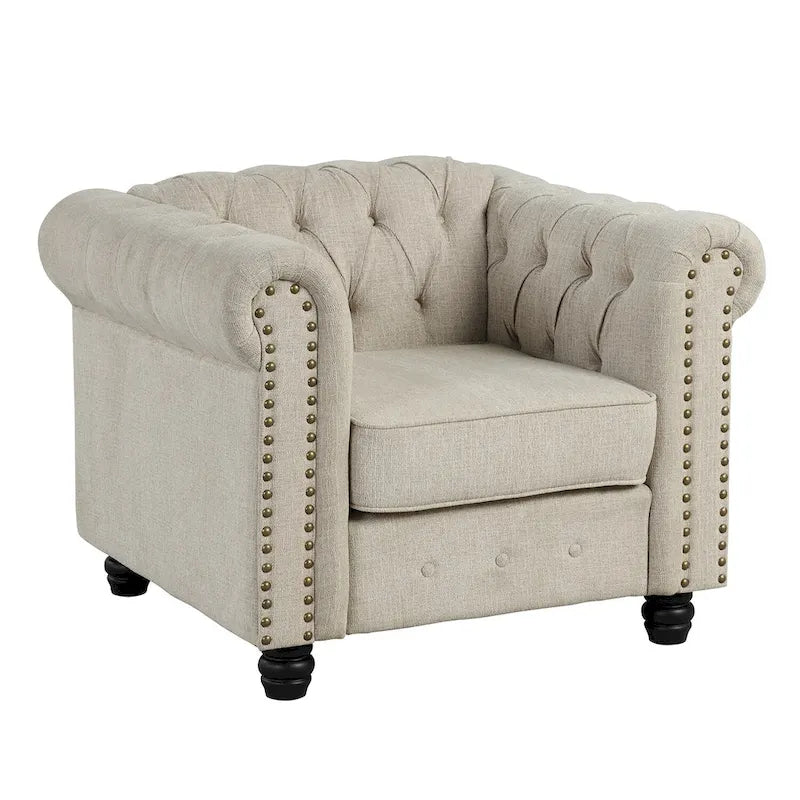 Fauteuil Chesterfield capitonné avec rivets décoratifs et pieds en bois massif