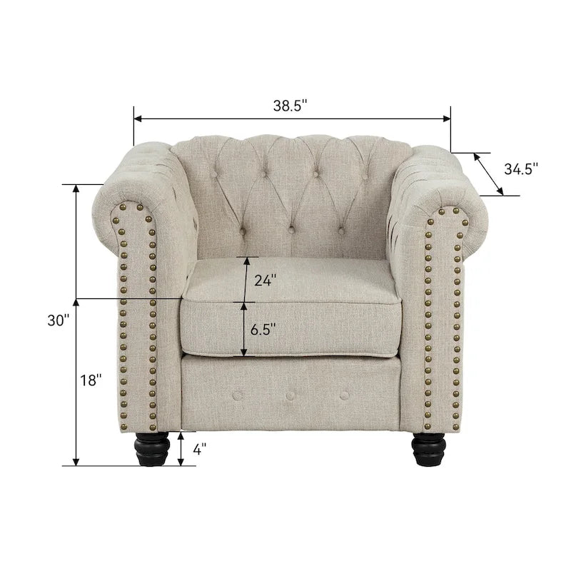 Fauteuil Chesterfield capitonné avec rivets décoratifs et pieds en bois massif