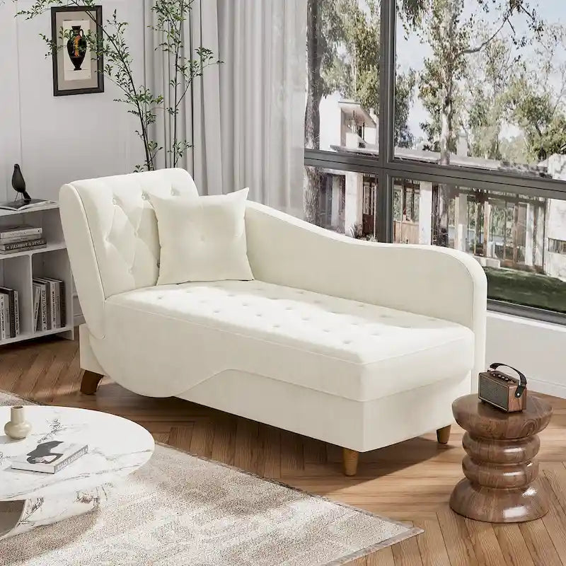Chaise longue de rangement capitonnée avec accoudoir réglable et oreiller lombaire