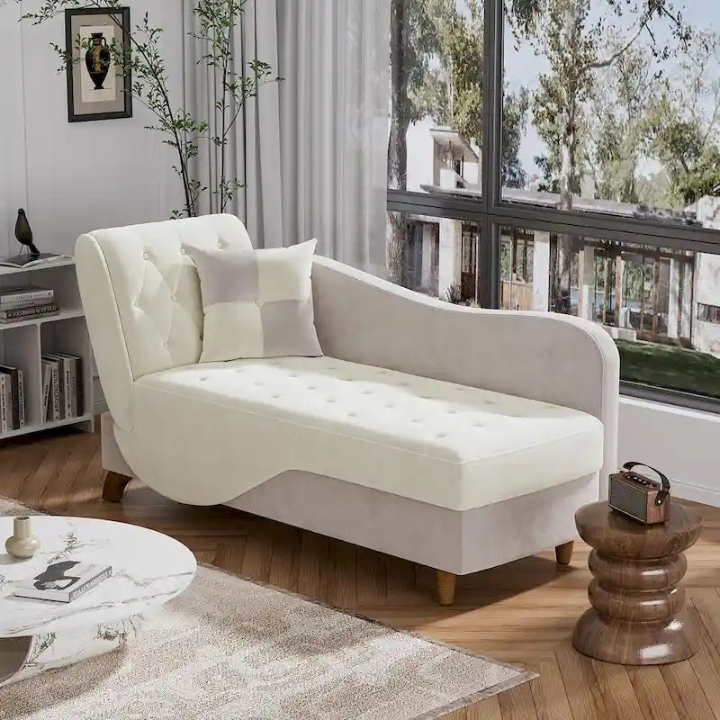 Chaise longue de rangement capitonnée avec accoudoir réglable et oreiller lombaire