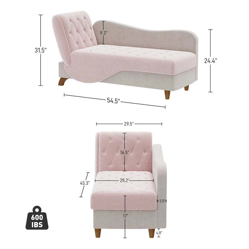 Chaise longue de rangement capitonnée avec accoudoir réglable et oreiller lombaire