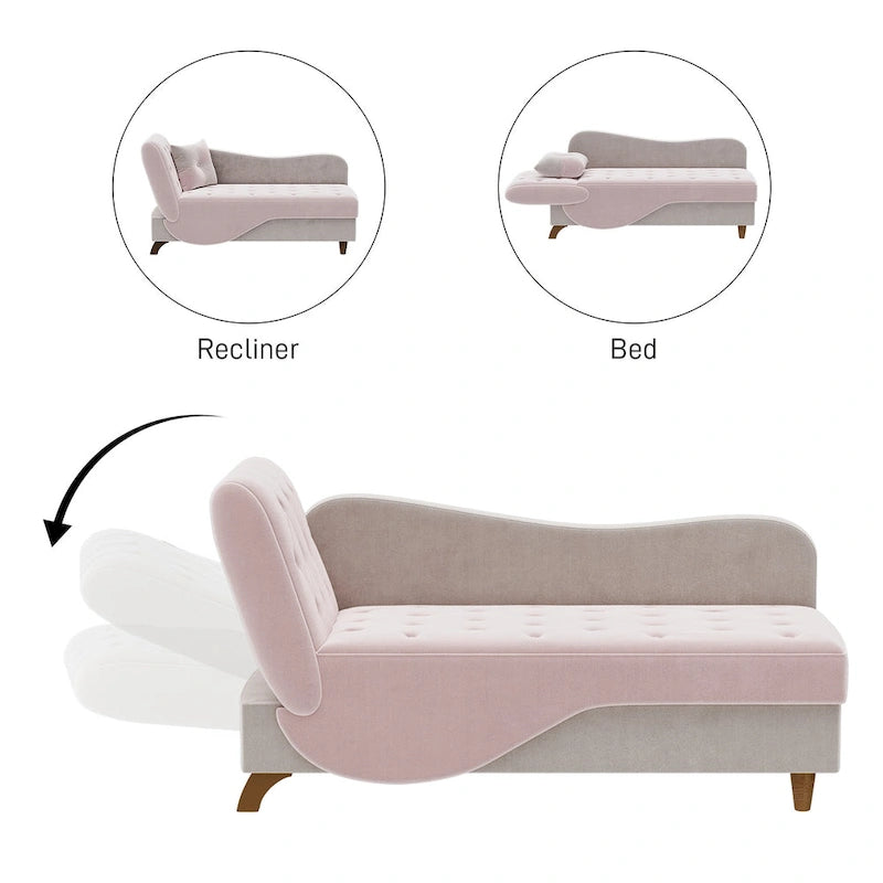 Chaise longue de rangement capitonnée avec accoudoir réglable et oreiller lombaire
