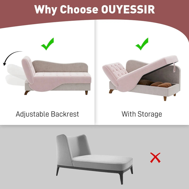 Chaise longue de rangement capitonnée avec accoudoir réglable et oreiller lombaire