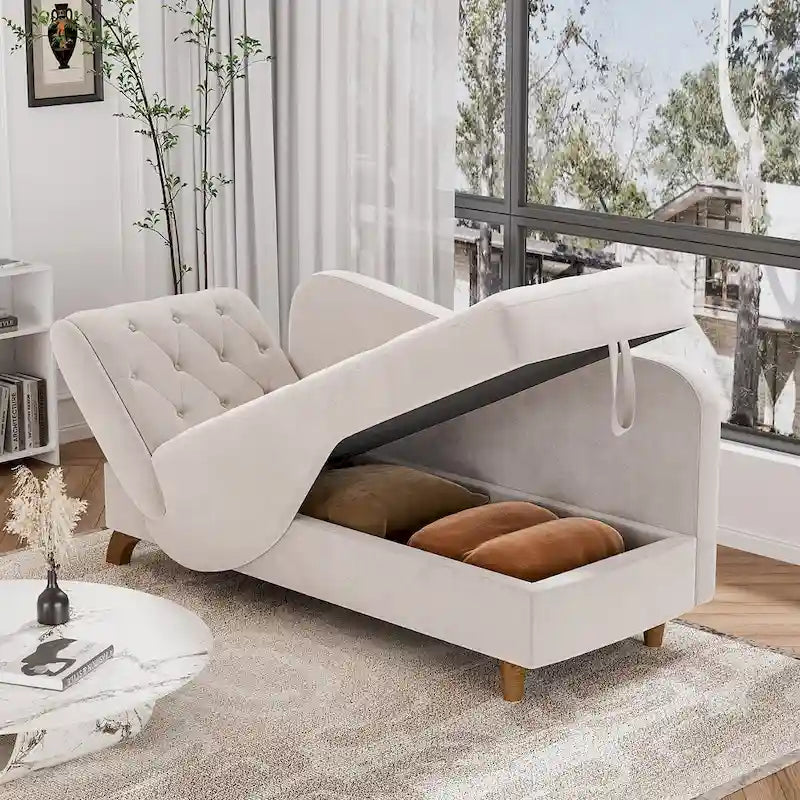 Chaise longue de rangement capitonnée avec accoudoir réglable et oreiller lombaire