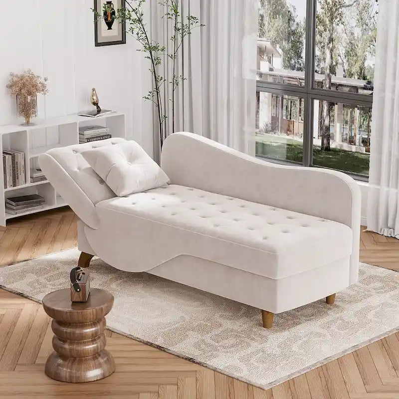 Chaise longue de rangement capitonnée avec accoudoir réglable et oreiller lombaire