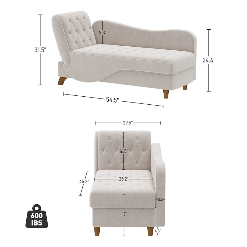 Chaise longue de rangement capitonnée avec accoudoir réglable et oreiller lombaire