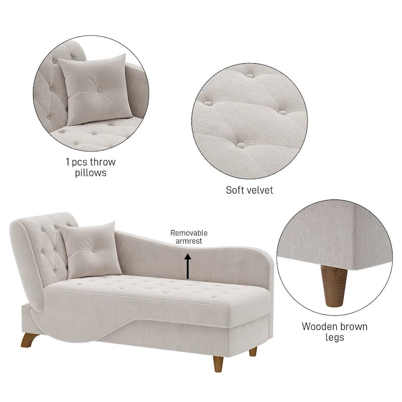 Chaise longue de rangement capitonnée avec accoudoir réglable et oreiller lombaire