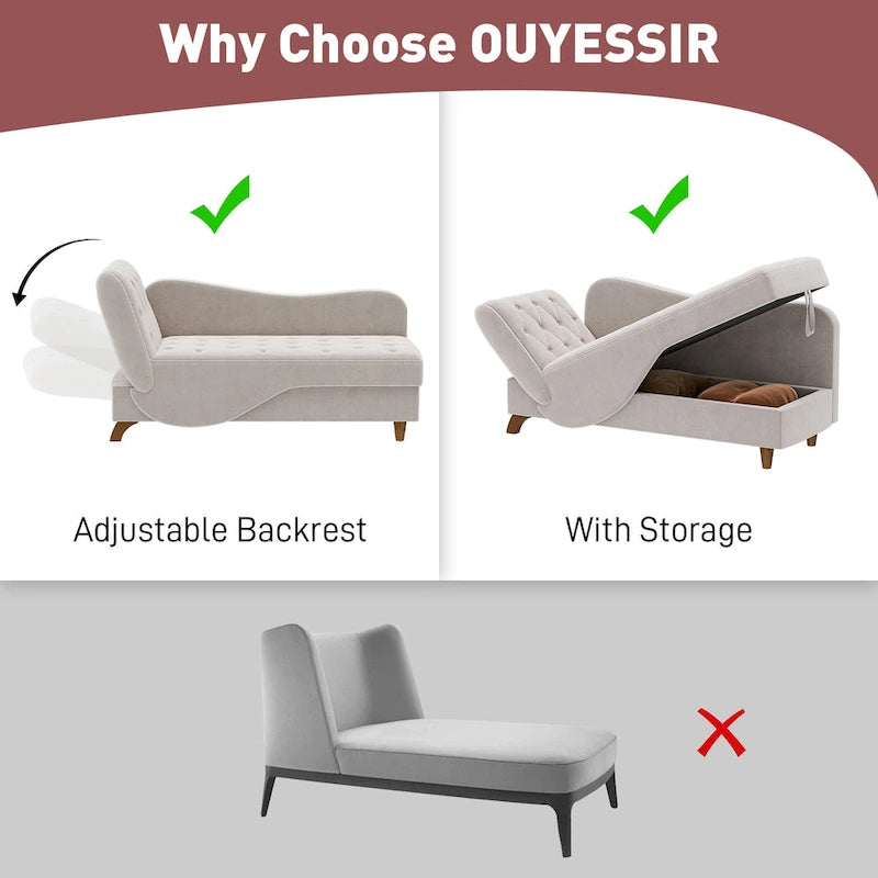 Chaise longue de rangement capitonnée avec accoudoir réglable et oreiller lombaire