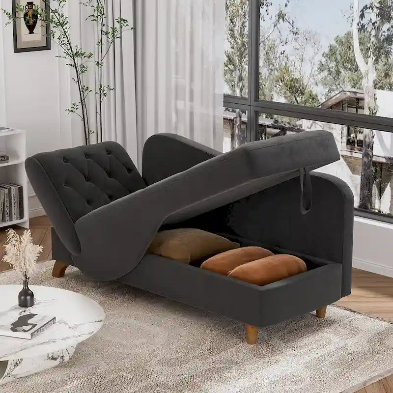 Chaise longue de rangement capitonnée avec accoudoir réglable et oreiller lombaire