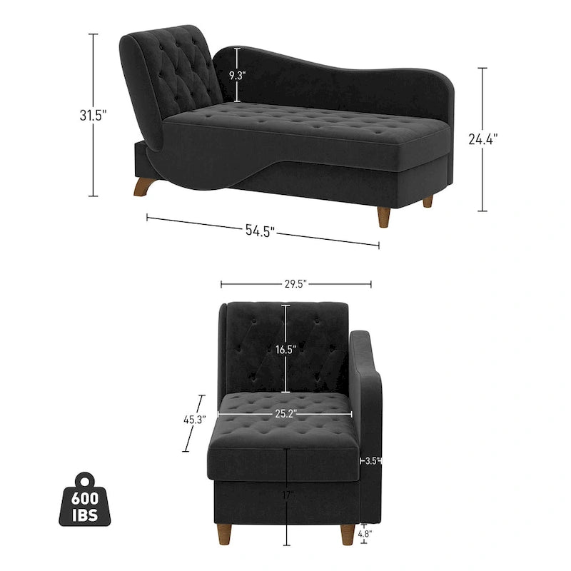 Chaise longue de rangement capitonnée avec accoudoir réglable et oreiller lombaire