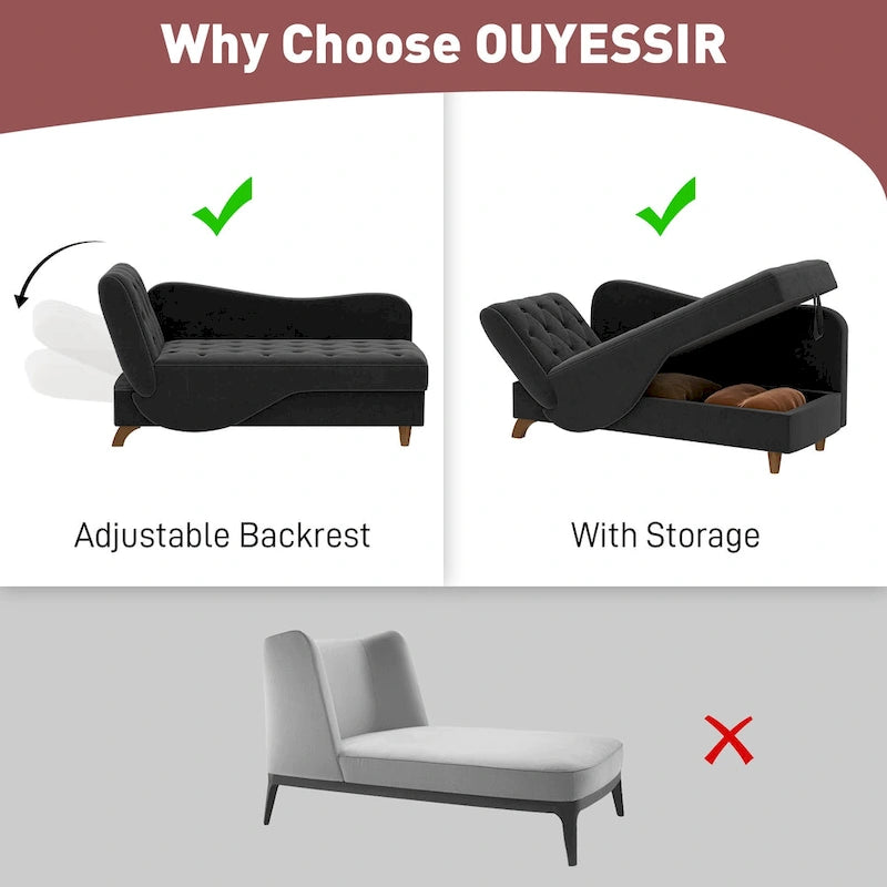 Chaise longue de rangement capitonnée avec accoudoir réglable et oreiller lombaire
