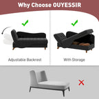 Chaise longue de rangement capitonnée avec accoudoir réglable et oreiller lombaire