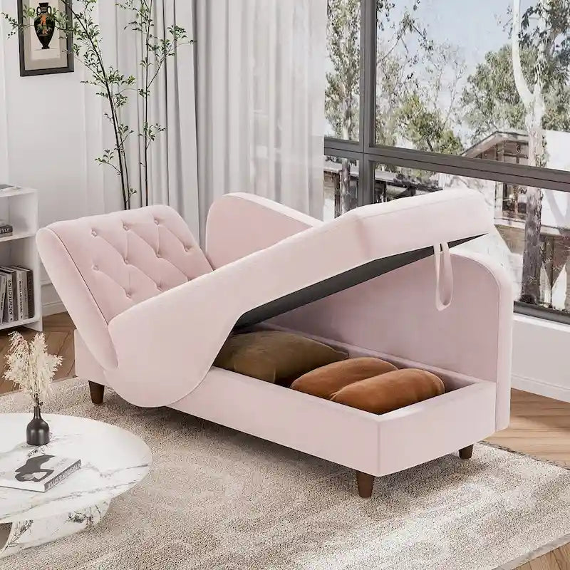 Chaise longue de rangement capitonnée avec accoudoir réglable et oreiller lombaire
