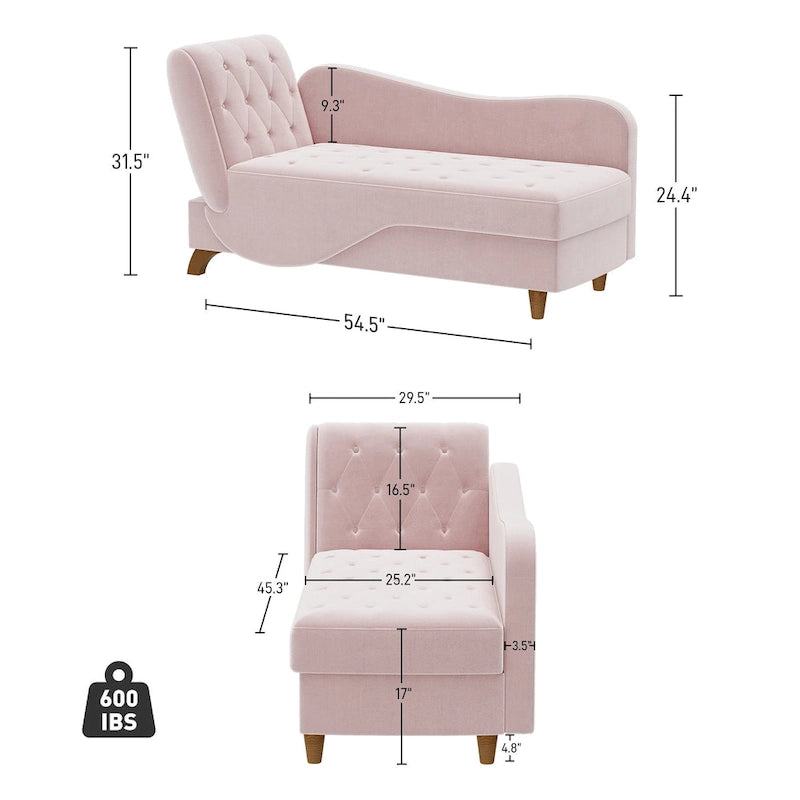 Chaise longue de rangement capitonnée avec accoudoir réglable et oreiller lombaire