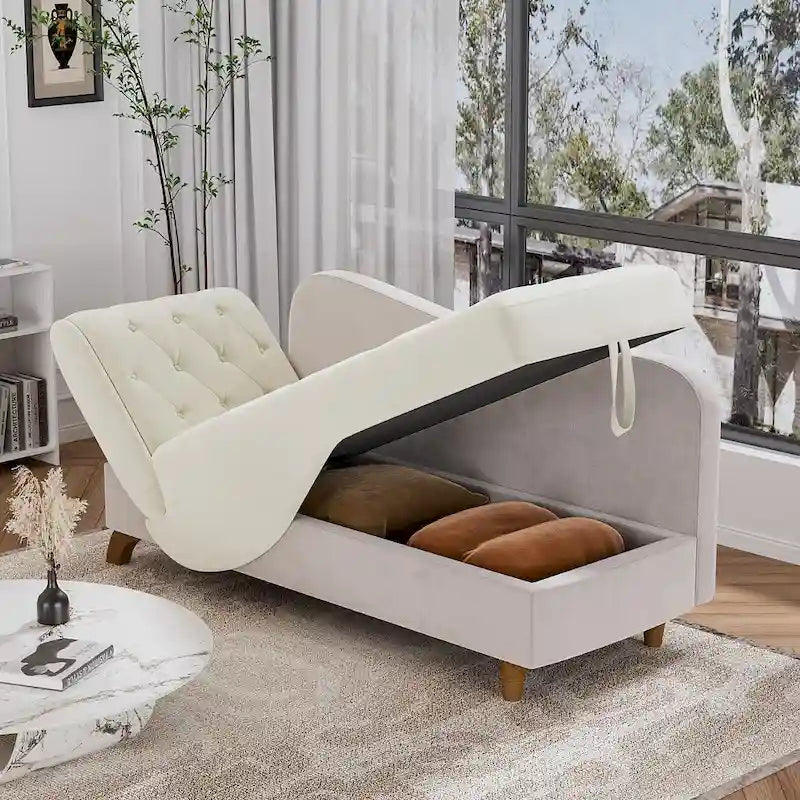 Chaise longue de rangement capitonnée avec accoudoir réglable et oreiller lombaire