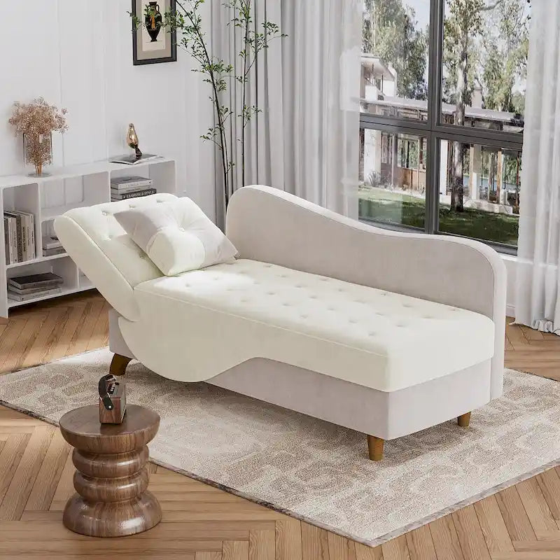 Chaise longue de rangement capitonnée avec accoudoir réglable et oreiller lombaire