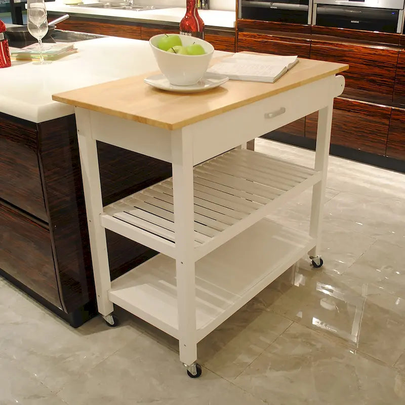Chariot îlot de cuisine avec plateau en bois et roues verrouillables