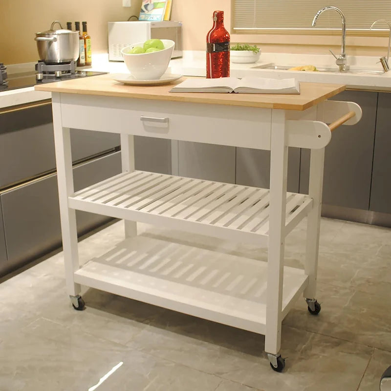 Chariot îlot de cuisine avec plateau en bois et roues verrouillables