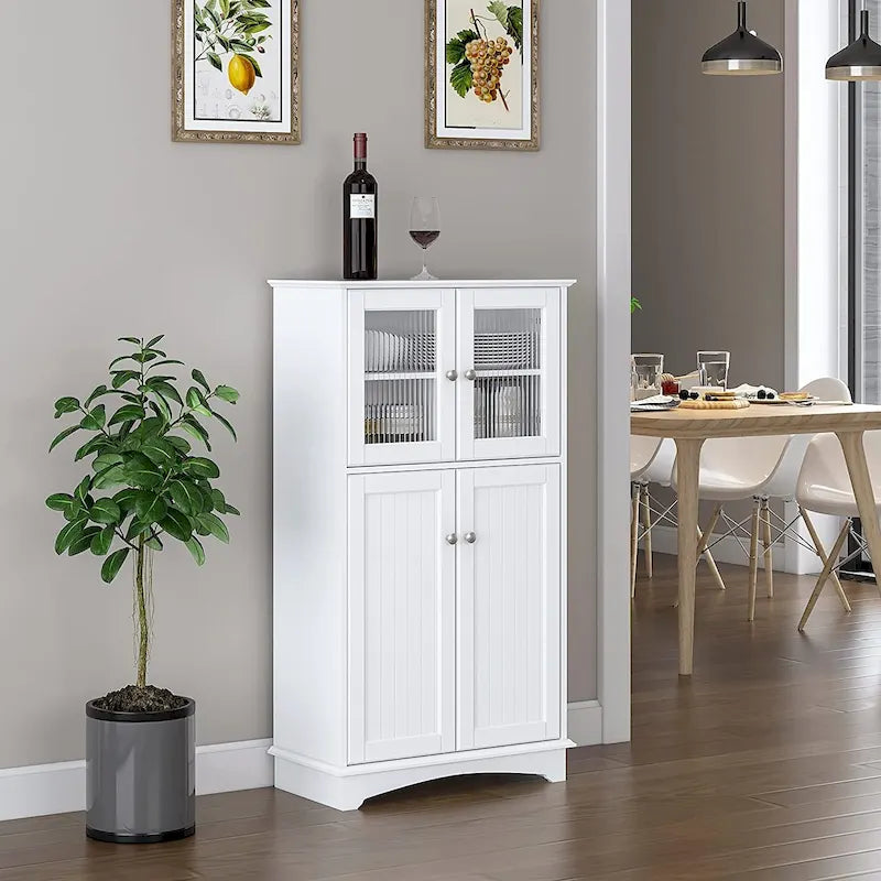 Meuble de rangement bas avec portes vitrées et étagères réglables, blanc