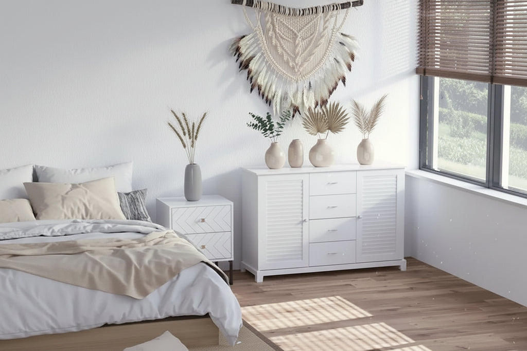 HOMCOM 47 Modern Storage Cabinet Buffet Sideboard with Drawers and Louvered Doors- White - 47.25 W x 15.75 D x 31.5 H
