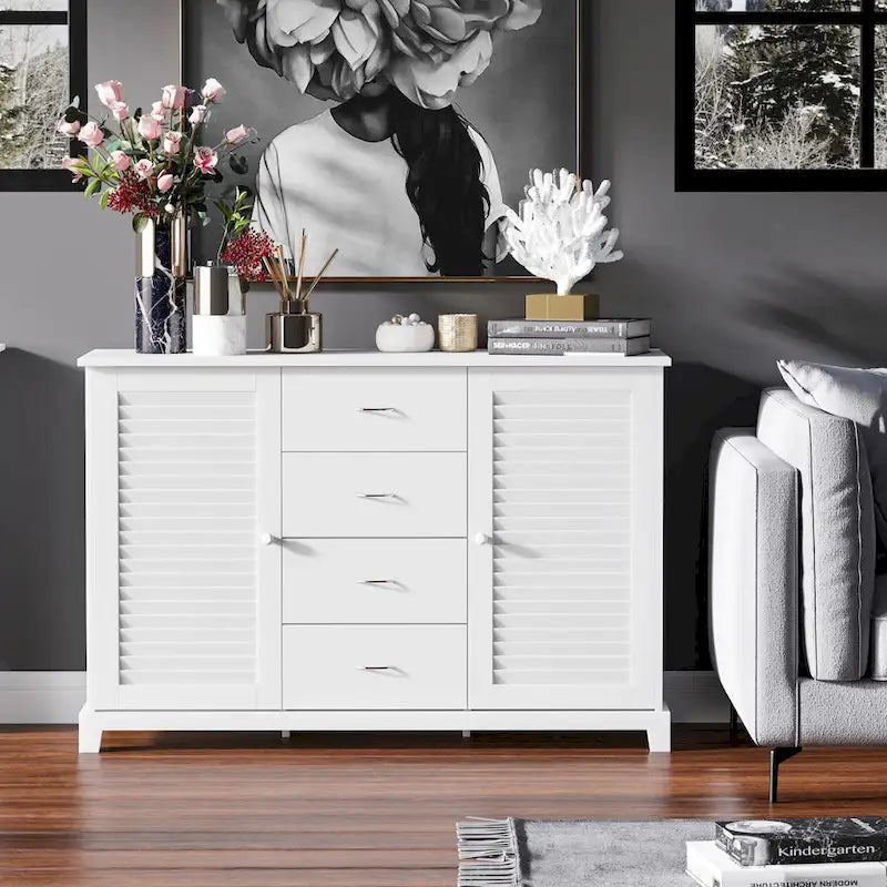 Meuble de rangement 47" avec tiroirs et portes à persiennes - Blanc