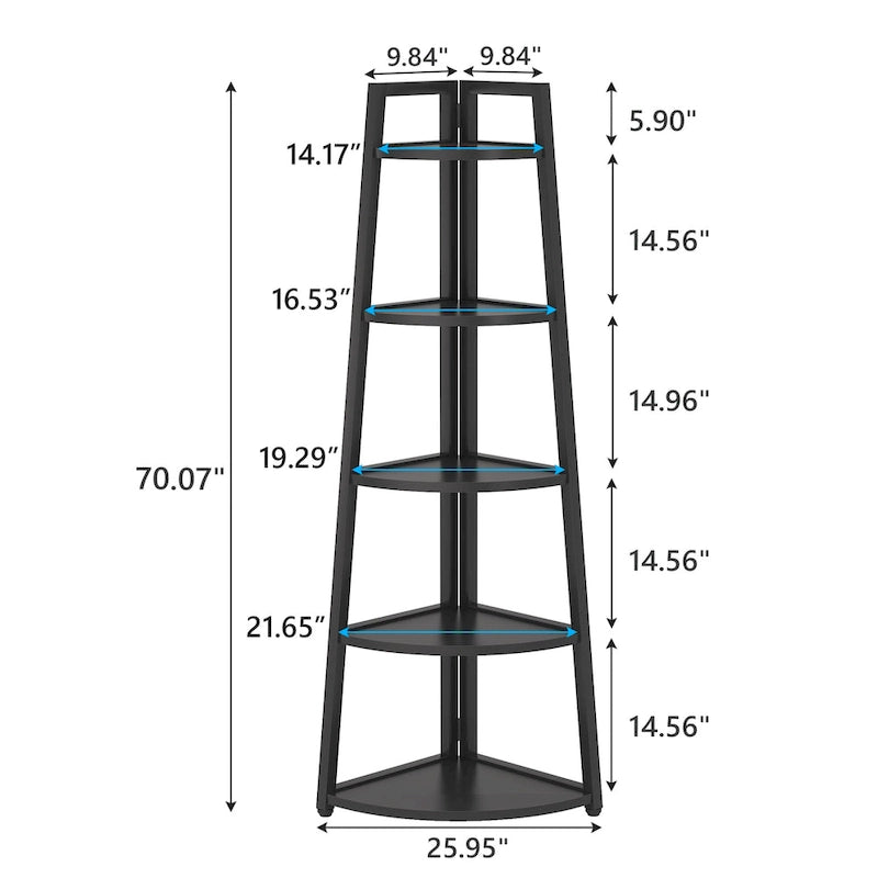 Étagère d'angle à 5 niveaux avec cadre en métal, 178 cm de hauteur