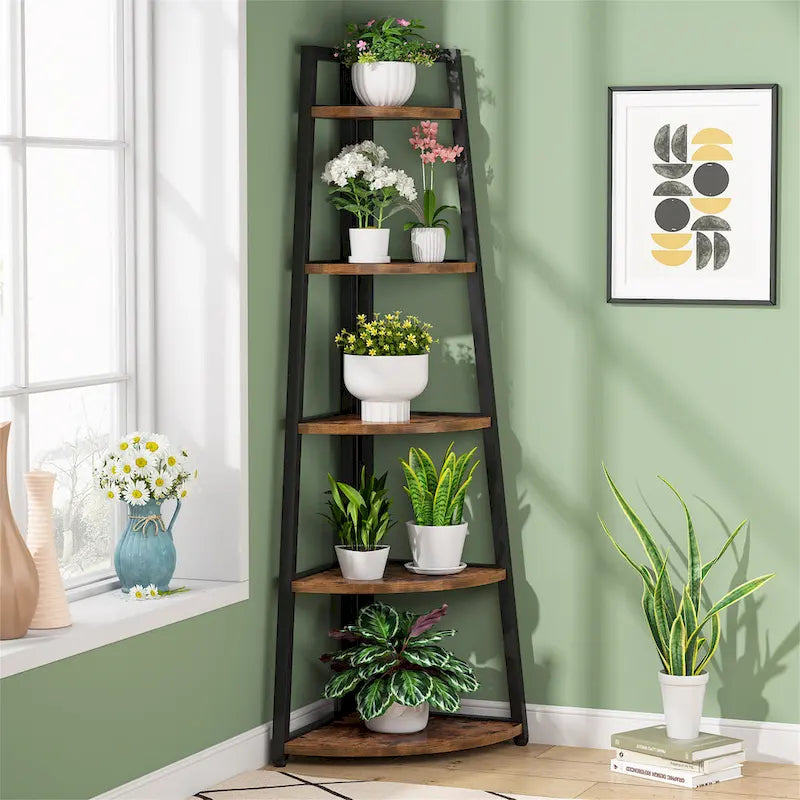 Étagère d'angle à 5 niveaux avec cadre en métal, 178 cm de hauteur