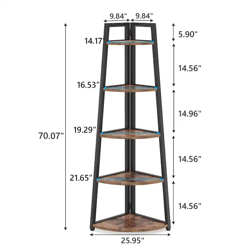 Étagère d'angle à 5 niveaux avec cadre en métal, 178 cm de hauteur