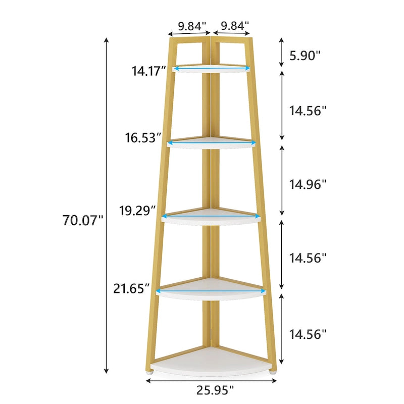 Étagère d'angle à 5 niveaux avec cadre en métal, 178 cm de hauteur