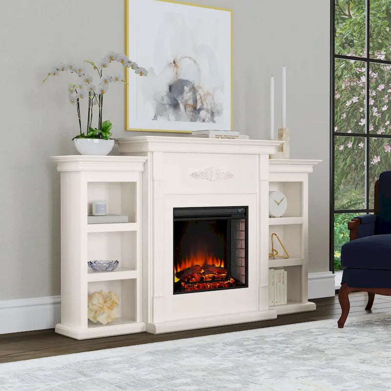 Cheminée électrique avec console, bibliothèque et rangements, couleur ivoire