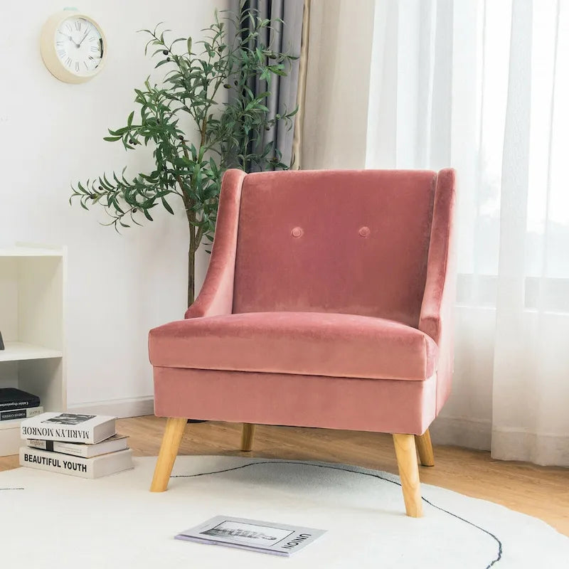 Fauteuil d'appoint Swoop avec revêtement en velours et pieds en bois d'hévéa