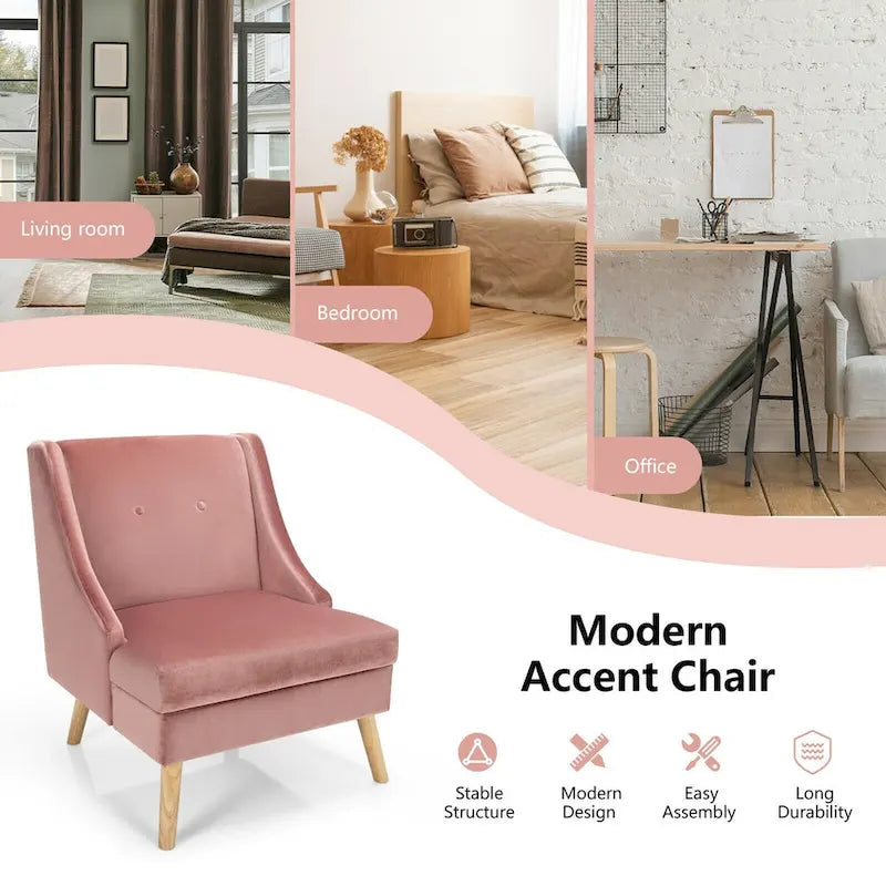 Fauteuil d'appoint Swoop avec revêtement en velours et pieds en bois d'hévéa