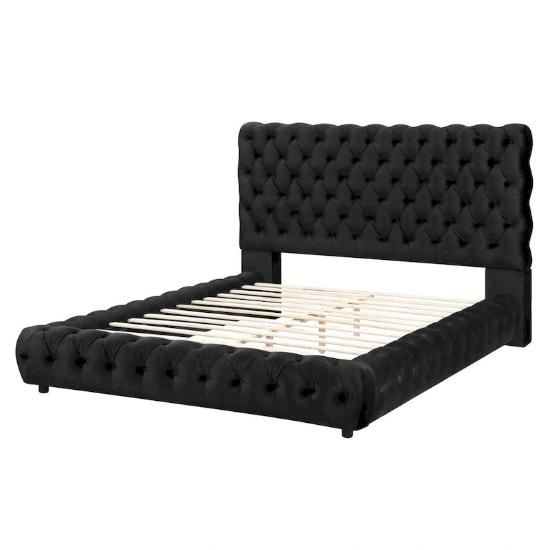 Lit plateforme capitonné en velours noir