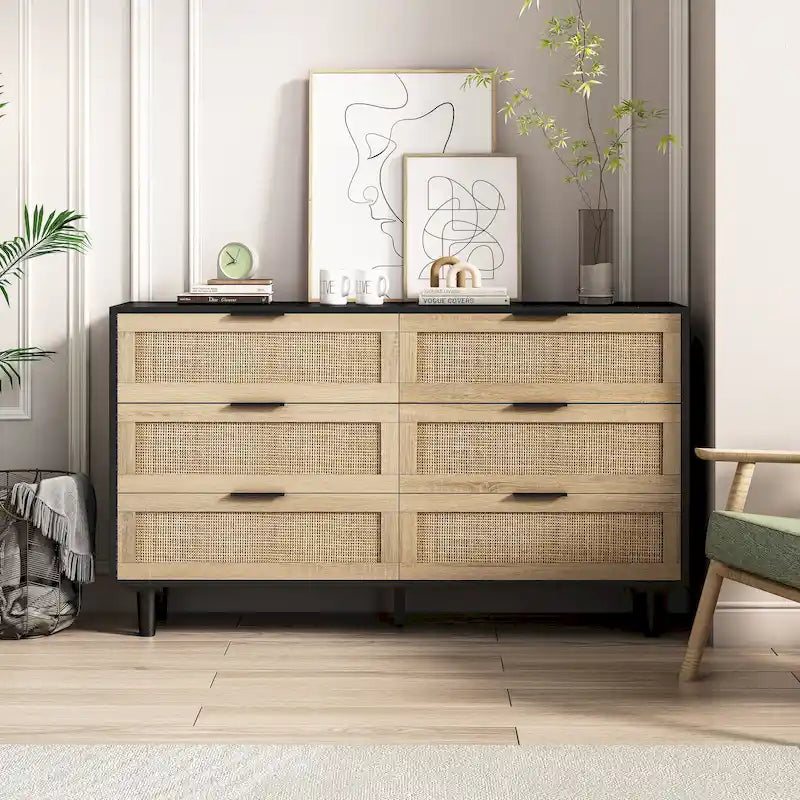 Commode en rotin à 6 tiroirs avec cadre en bois
