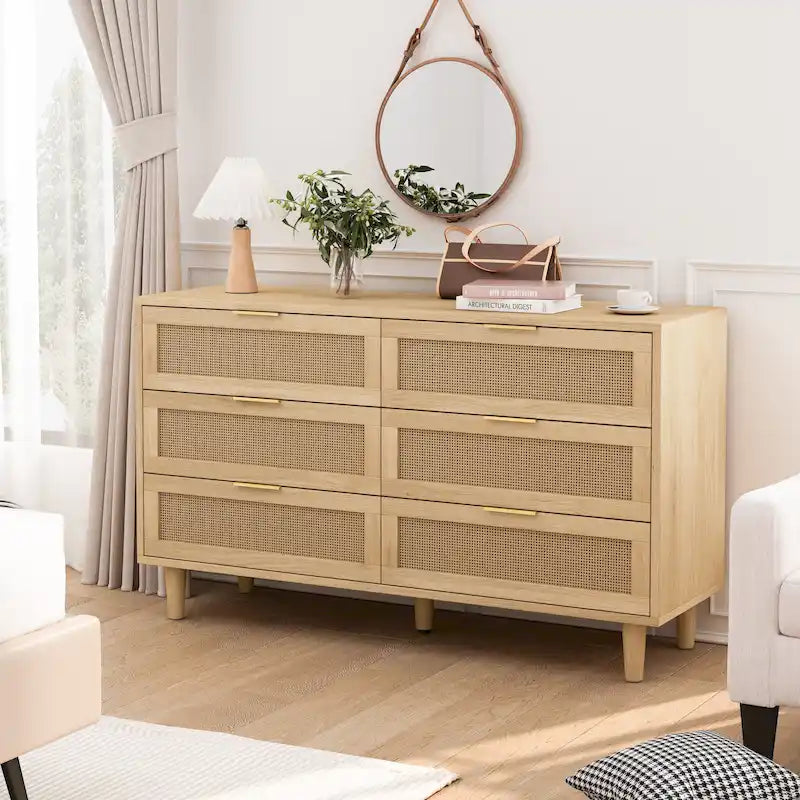 Commode en rotin à 6 tiroirs avec cadre en bois