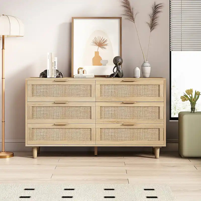 Commode en rotin à 6 tiroirs avec cadre en bois