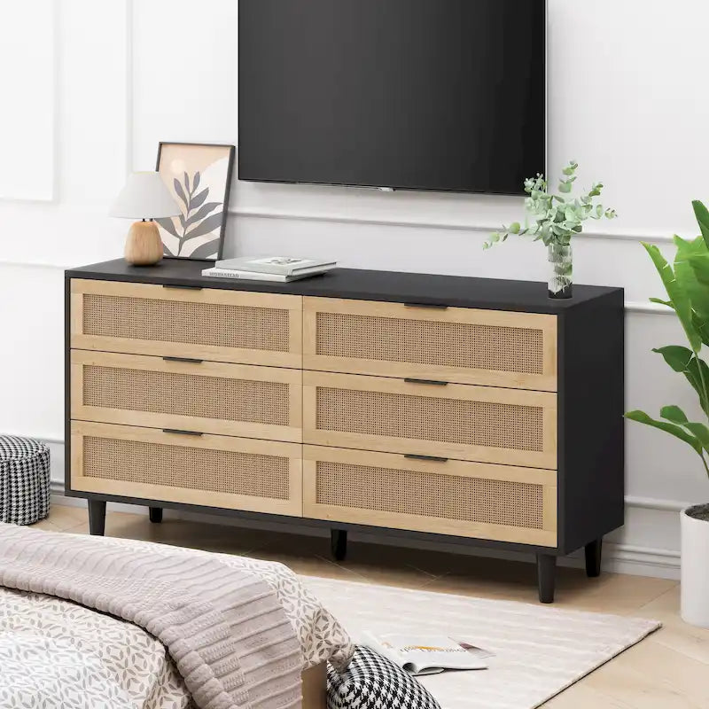 Commode en rotin à 6 tiroirs avec cadre en bois