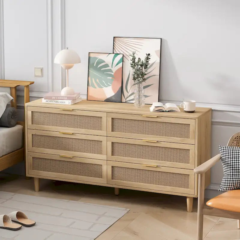 Commode en rotin à 6 tiroirs avec cadre en bois