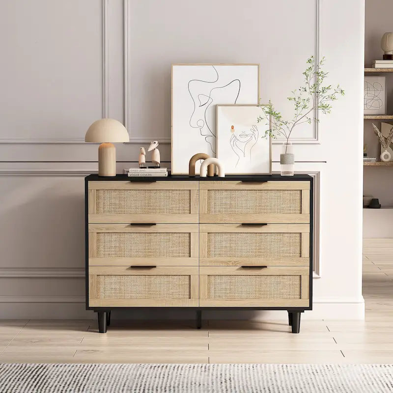Commode en rotin à 6 tiroirs avec cadre en bois