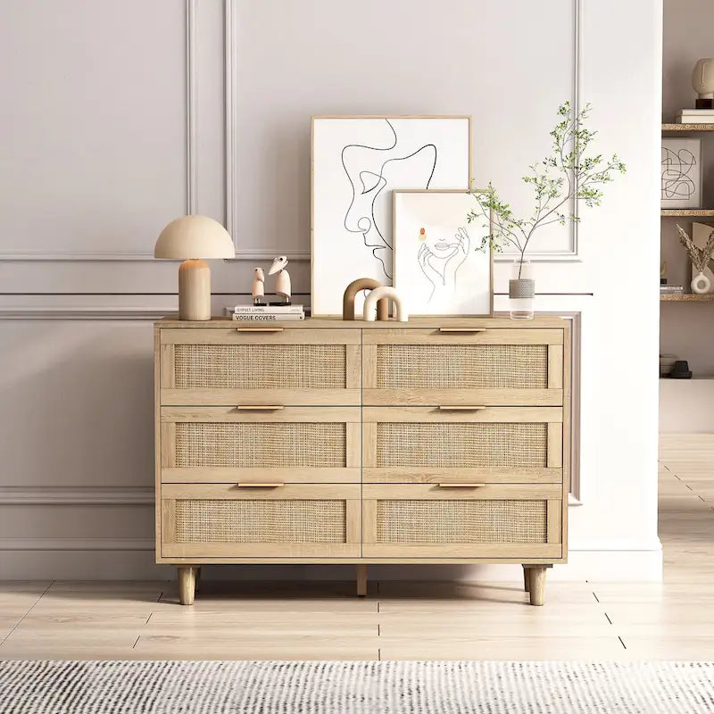 Commode en rotin à 6 tiroirs avec cadre en bois