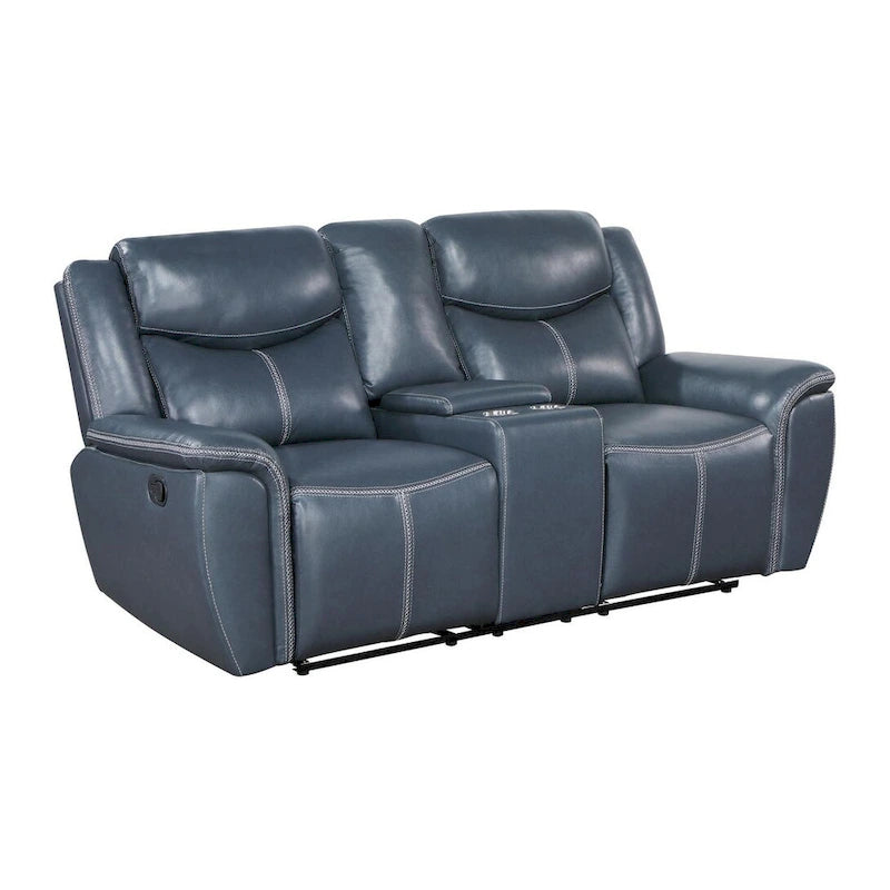 Causeuse inclinable en similicuir bleu avec console centrale