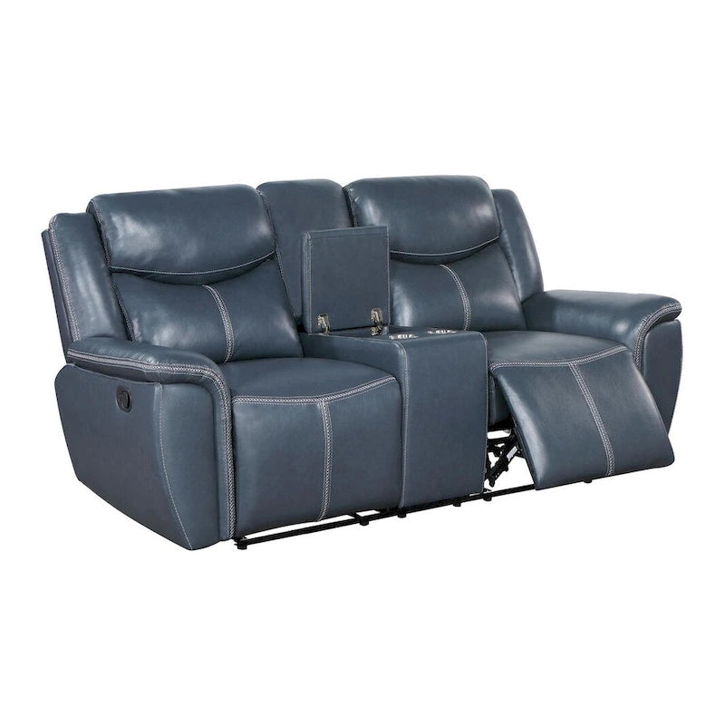 Causeuse inclinable en similicuir bleu avec console centrale