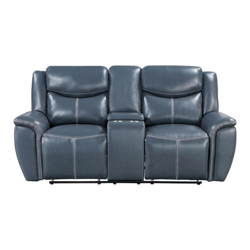Causeuse inclinable en similicuir bleu avec console centrale