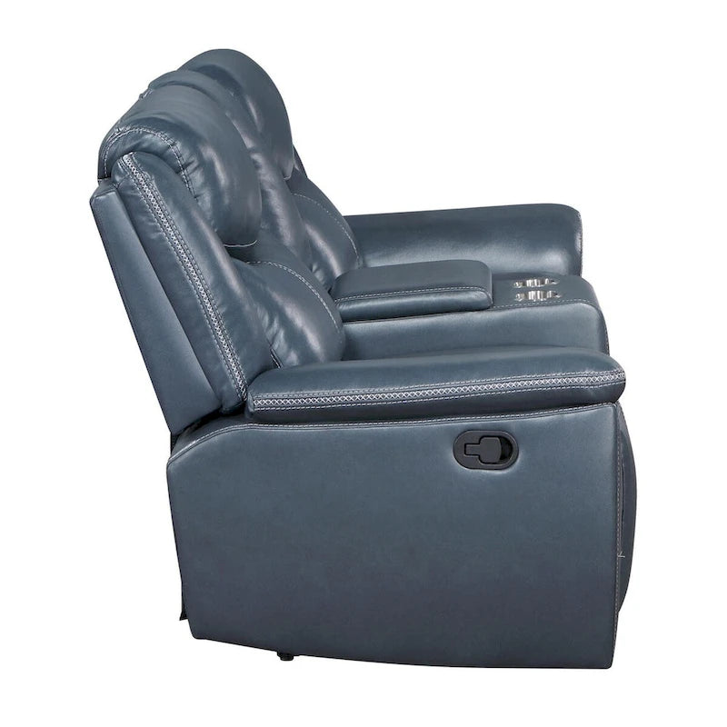 Causeuse inclinable en similicuir bleu avec console centrale