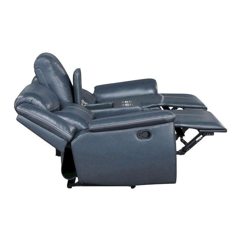 Causeuse inclinable en similicuir bleu avec console centrale