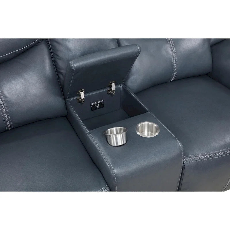 Causeuse inclinable en similicuir bleu avec console centrale