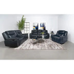 Causeuse inclinable en similicuir bleu avec console centrale