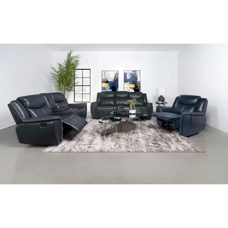 Causeuse inclinable en similicuir bleu avec console centrale